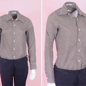 Vintage Polka Dot Frauen Shirt / Braun Retro 80er Muster Frauen Bluse / Langarm Hemd mit Knöpfen / Business Shirt / Größe S