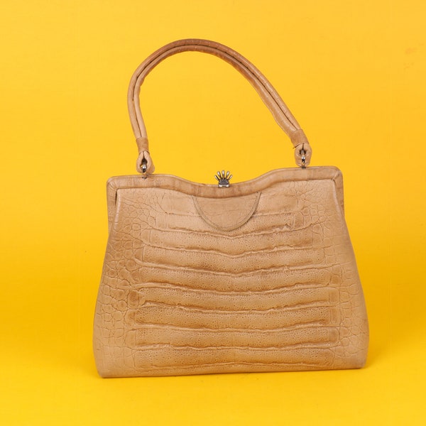 Vintage Reptile leather mini shoulder bag/ Beige Sand Alligator Retro handbag/ Brown leather bag/ Crossbody bag/ Purse