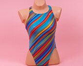 Vintage Crazy Pattern Rainbow One piece swimming suit Beach wave Bathing suit Striped Summer top Made in England Maru Size Medium - Large