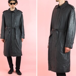Vintage Men Gray Leather Trench Coat/ 70s Long Leather jacket/ Military Germany Coat/ Cowboy Western/ Size Large