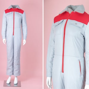 Vintage Women Grey Red Ski Suit/ 80s Plain Colour Ski Suit/ One Piece Jumpsuit/ Retro / Ski wear/ Size Small