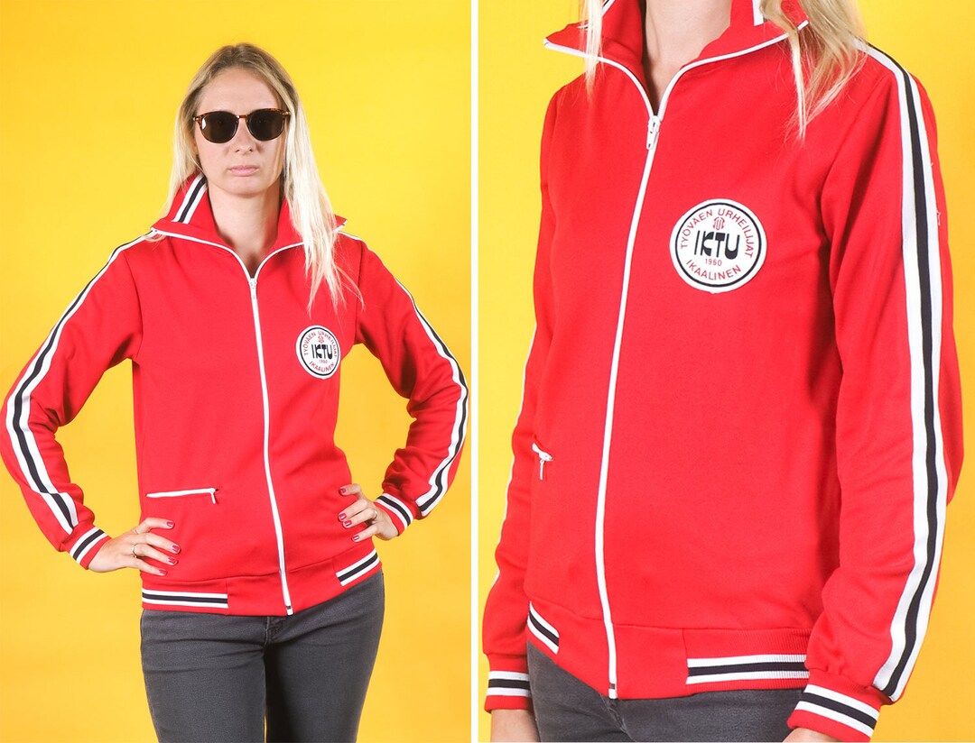 Vintage Women Red Track Jacket/ Retro Classic Windbreaker/ IKTU School