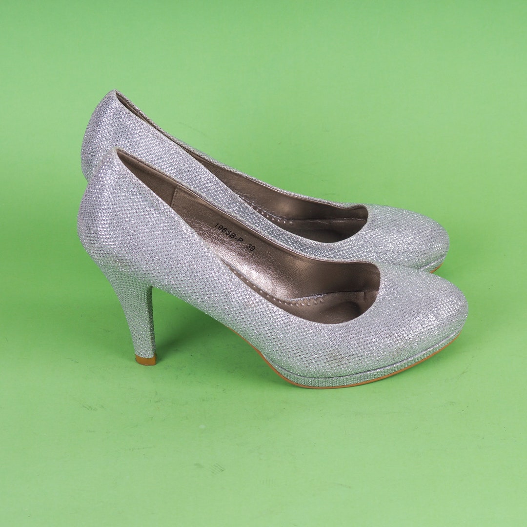 Vintage Silver High Heel Shoes/ Shiny Glossy Pumps/ Vegan Etsy