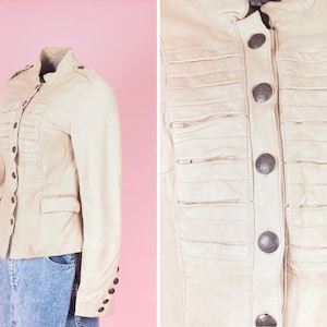 Vintage Hunkydory Stockholm Women Leather Jacket/ Military Parade Style Light Beige Creamy Genuine Leather Blazer/ Short Y2K / Size Medium