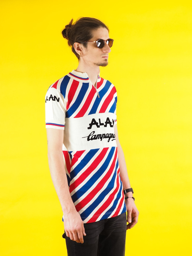 Castelli AlAN striped shirt Bicycle racing 70s Italy Striped red blue Size Medium 4 Vintage Campagnolo cycling jersey Very rare!!
