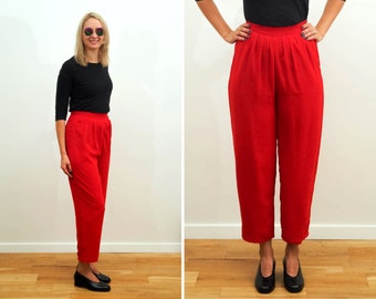 Vintage women pants/ Red pants/ Soft Shimmer Silky/ Relaxed High Rise Trousers/Retro Women's Pants/ Vintage Hipster/ Size Small/ UK 8/ EU 36