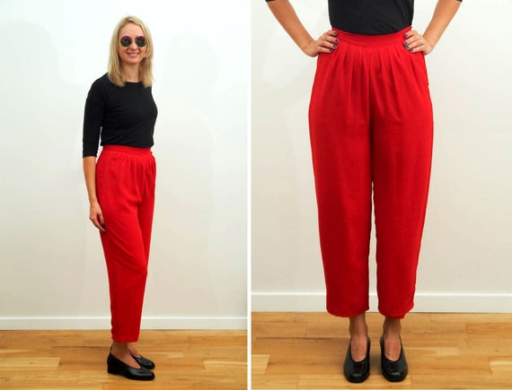 Vintage Women Pants/ Red Pants/ Soft Shimmer Silky/ Relaxed High Rise  Trousers/retro Women's Pants/ Vintage Hipster/ Size Small/ UK 8/ EU 36 