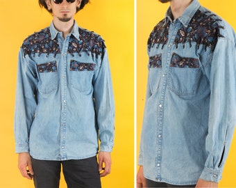 Camisa jeans ocidental vintage/camisa jeans masculina azul/camisa country cowboy padrão floral/camisa anos 90/camisa com botões/tamanho grande