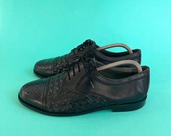Vintage Venturini svarta vävda oxfordskor i läder / Texturerade finskor / Elegant formell stil / Storlek EU 43 / UK 9 / US 10