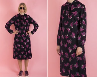 Vintage Rodelle dress/ Long sleeve dress/ Purple floral dress / 90s dress/ Flower pattern dress/ Size Medium-Large/ UK 10-12/ EU 38-40