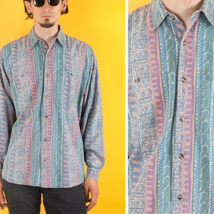 Vintage men Best Value Shirtmakers Geometrical pattern shirt/ Long sleeve denim shirt/ Western shirt/ Button down/ 90s shirt/ Size Medium