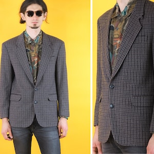 Vintage men Kaleva men wool formal blazer/ Checkered retro blazer/ Formal jacket/ Gray brown jacket/ Size Large/ 50B