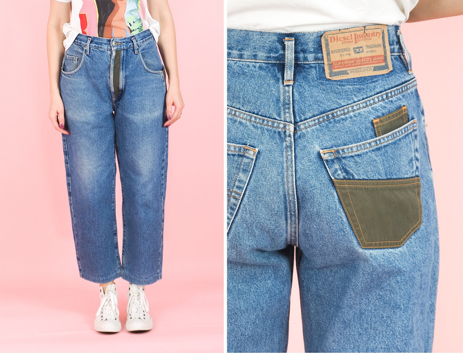 Vintage Diesel Jeans From 90s/ High Waist Blue Denim Jeans / Button Fly/  Boyfriend Jeans/ Pants / Vintage Hipster/ Size Medium 