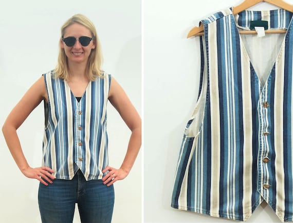 Vintage women vest/ Jeans vest/ Stripes pattern vest/… - Gem