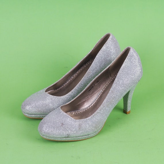 Vintage Silver High Heel Shoes/ Shiny Glossy pump… - image 4