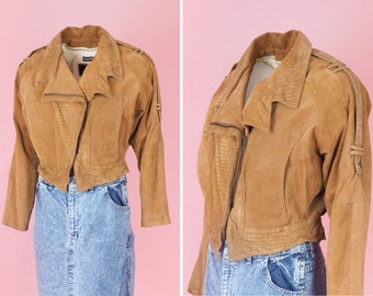 Vintage Bermans Women Suede Jacket/ 80s Crop Leather Blazer/ Brown leather jacket/ Size Small