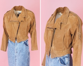 Vintage Bermans Women Suede Jacket / 80s Crop Leather Blazer / Brown leather jacket / Size Small