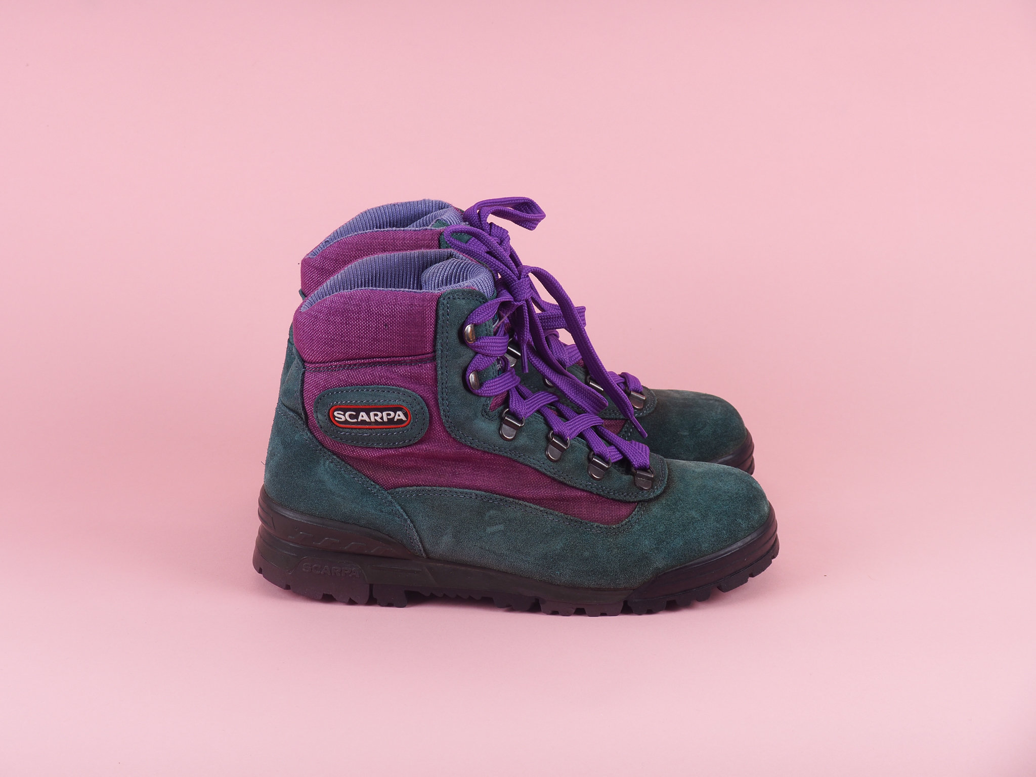 Vintage Scarpa Hiking Boots/ Green Purple Suede Trekking  display picture 2