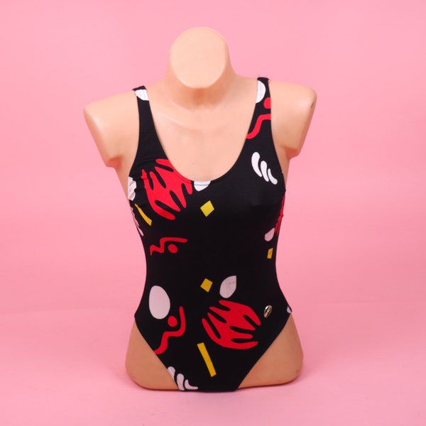 Vintage black cute pattern One piece swimming suit/ Solstar 90s crazy pattern Bathing suit/ Summer top/ Size XSmall