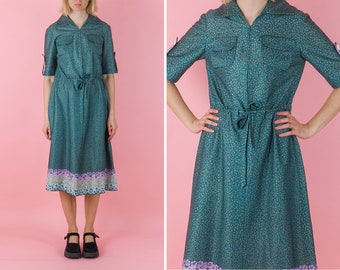 Vintage dress/ Short sleeve dress/ Green pattern Summer dress / Flower pattern dress/ Size Large