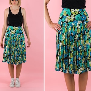 Vintage Miramella groene bloem patroon rok / Geplooide rok / Tulle rok / Rok over knieën / Midi vrouwen rok / Maat Klein