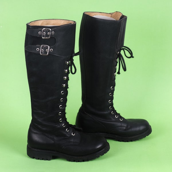 Vintage Real Buffalo Knee High Black Combat Boots/ Lace Up Military Combat Boots/ Punk/ Wibram Leather Handmade/ Taglia EU 37/UK W 4/ US W 6.5