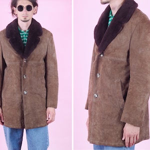 Vintage men Shearling coat made in Germany/ Men fur coat/ Shearling brown fur coat/ Suede jacket/ European/ Winter/ Size Medium - Large