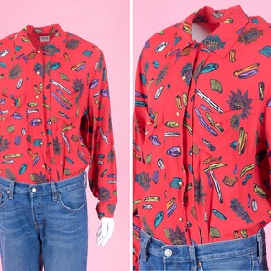 Vintage Rote Crazy Pattern Bluse/ Rotes Retro Buntes Shirt/ Oversized Shirt/ 80er Shirts/ Business Shirt/ Größe Medium - Large