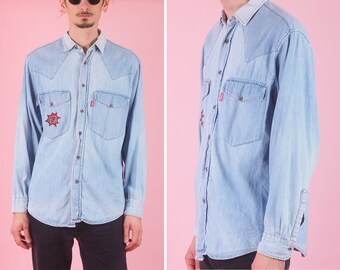 Camisa jeans vintage masculina Fremont com botões/camisa country cowboy ocidental/camisa dos anos 90/camisa com botões/tamanho médio