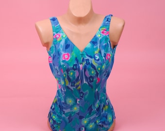 Vintage bloemenpatroon Lindex Eendelig zwempak/ Blauw badpak/ Bloemen/ Zomertop/ Maat Large