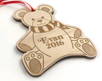 Christmas Teddy Bear Penguin Ornament Wooden Ornament Handmade Gift Custom Name & Date Christmas Tree Decoration First Christmas Wood Decor