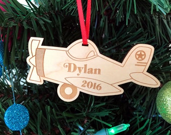 Christmas Plane Ornament Wooden Ornament Handmade Baby's First Christmas Gift Custom Name and Date Christmas Tree Decoration Wood Decor