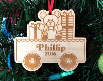 Xmas Train Car with Presents Wooden Ornament Handmade Christmas Gift Custom Name & Date Christmas Tree Decoration First Christmas Wood Decor