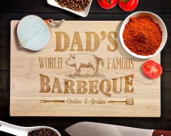 Cutting Board Personalized BBQ Fathers Day Gift Dad's Grill Dad's World Famous Barbecue BBQ Laser Engraved Wood Chopping Block Grill Master