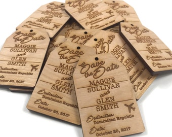 Custom Save the Date Luggage Tag destination wedding wood Fridge Magnets 2 inch x 3 inch Wooden Invitations Handmade Hand Cherry StheD003