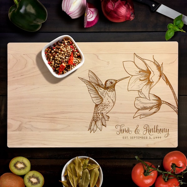 Custom Cutting Board Personalized Wedding Gift Humming Bird with custom names and date, cute Anniversary Gift Chopping Block CB0110