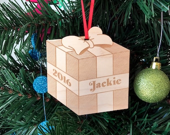 Christmas Present Ornament Wooden Ornament Handmade Baby's First Christmas Gift Custom Name and Date Christmas Tree Decoration Wood Decor