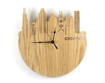 Large Wall Clock Wood Modern Chicago Skyline Wood Tourism Housewarming Home Decor