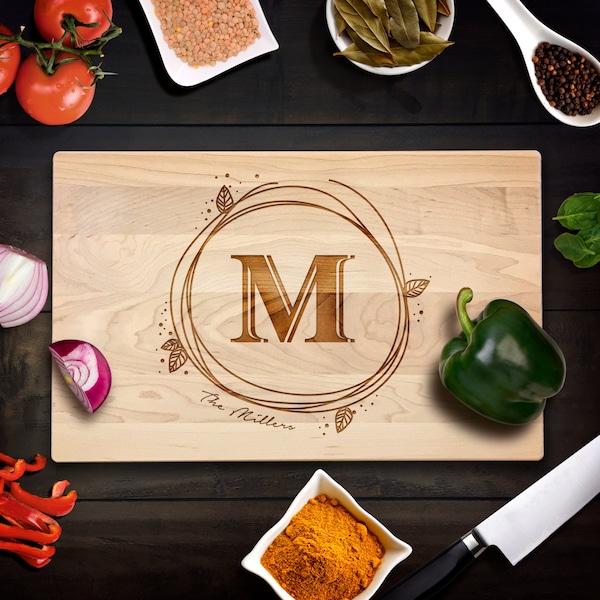 Rustic Monogram in Vine wreath with Customized Family Name Cutting Board Housewarming, Wedding, Anniversary Gift Laser Engraved CB00071