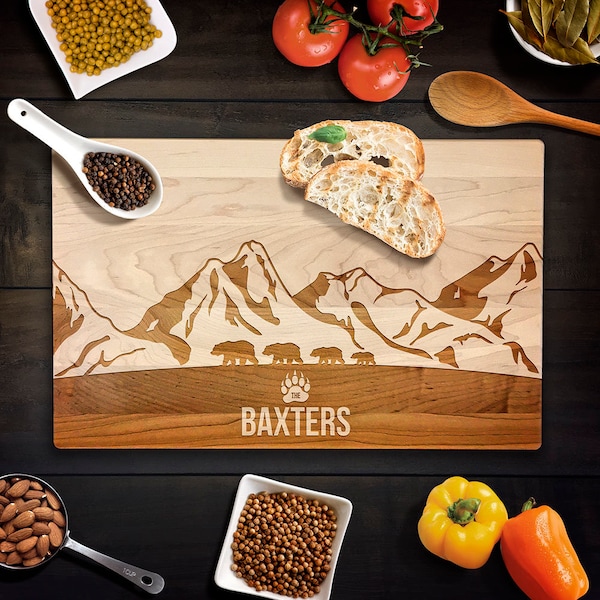 Cutting Board Personalized Bear Family Mama Bear Papa Bear Baby Bear Outdoor Adventure Mountain Art Bear Cubs Housewarming Gift Laser Wood