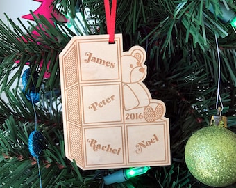 Baby Blocks Christmas Ornament Wooden Ornament Handmade Christmas Gift Custom Name Family Name and Date Christmas Tree Decoration Wood Decor