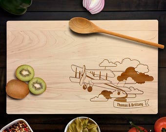 Cutting Board Personalized Wedding Gift for couple Plane Flying Custom Gift Fly Away With Me Wedding gift Anniversary Gift Adventure Wood