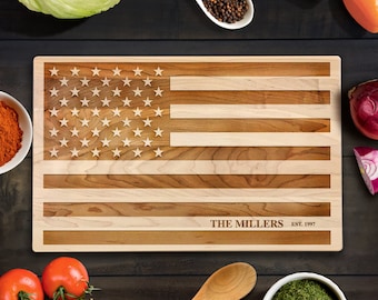 Cutting Board Personalized Design American Flag USA Flag Wood Chopping Block Laser Engraved Wood July 4th Independence Day United States