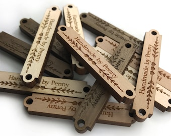 Custom Wood Tags 1.8 inch x .32inch Double Hole Branding Skinny Dye cut Wooden Rectangle Knitting Handmade Tag Hand Knit Maple Cherry Walnut