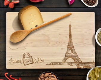 Cutting Board Personalized Paris Art Eiffel Tower Romantic Gifts Laser Engraved Wood Chopping Block A Night in Paris Locked in Love Key