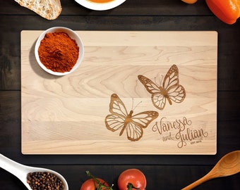 Cutting Board Personalized Monarch Butterfly Wedding Gifts for couple Butterflies Family Name Laser Engraved Wood Chopping Block Maple