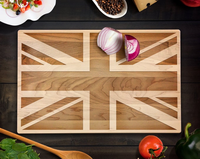 Cutting Board Rustic Home Decor British Flag Union Jack Flag Laser Engraved Wood Chopping Block UK Housewarming Gift United Kingdom Flag