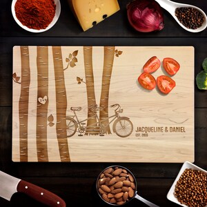 Cutting Board Personalized Tandem Bike Birch Forest Cutting Board Handmade Wedding Gifts for Couple Bridal shower gift anniversary gift wood