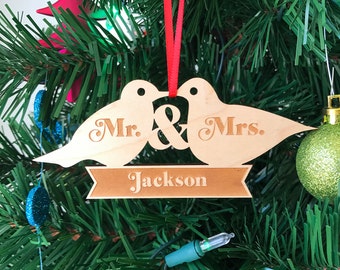 Christmas Birds Ornament Wooden Ornament Handmade Newlywed's first Christmas Gift Family Name Anniversary Holiday Tree Decoration Wood Decor