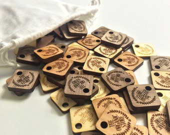 Custom Wood Tags .75 inch x .75 inch Branding Brand Buttons Wooden Square Shaped Knitting Handmade Label Hand Knit Tags Maple Cherry Walnut